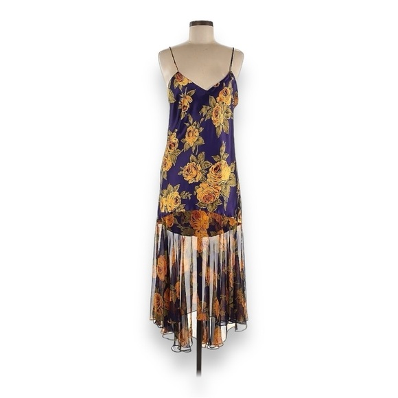 Vintage Dresses & Skirts - Vintage 90’s Y2K Purple Yellow Floral Satin Slip Dress w/ Chiffon Flutter Hem